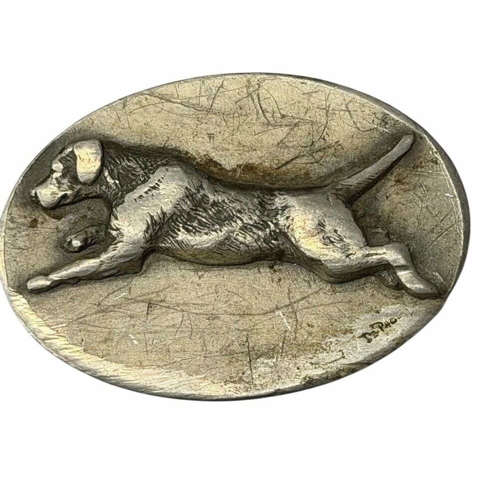 Vintage 1977 DePaolis Hunting Dog Pewter Belt Buckle Good Lad Products Syracuse